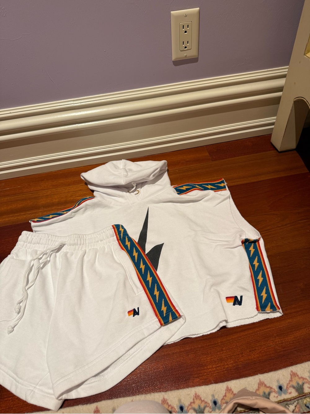 Aviator Nation White Cropped Hoodie & Shorts Set with Multicolor Lightning Trim